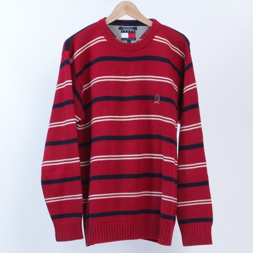 Tommy Hilfiger Men's Large Sweater Crest Red Knit Striped Crew Neck Pullover